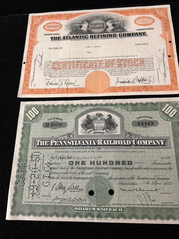 Photo 1 of 2 vintage stock certificates Pennsylvania Railroad and Atlantic refining