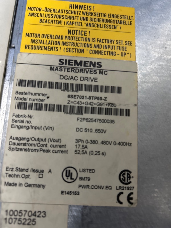 Photo 2 of Siemens DC/AC drive 6SE7021-8TP50-Z unknown condition 