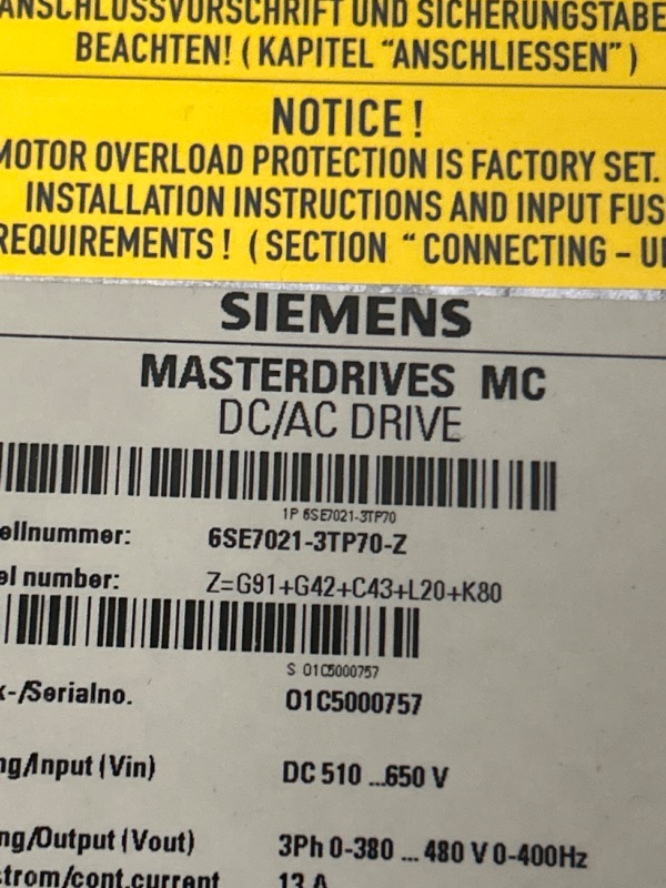 Photo 2 of Siemens DC/AC drive 6se7021-3tp70-z unknown condition 