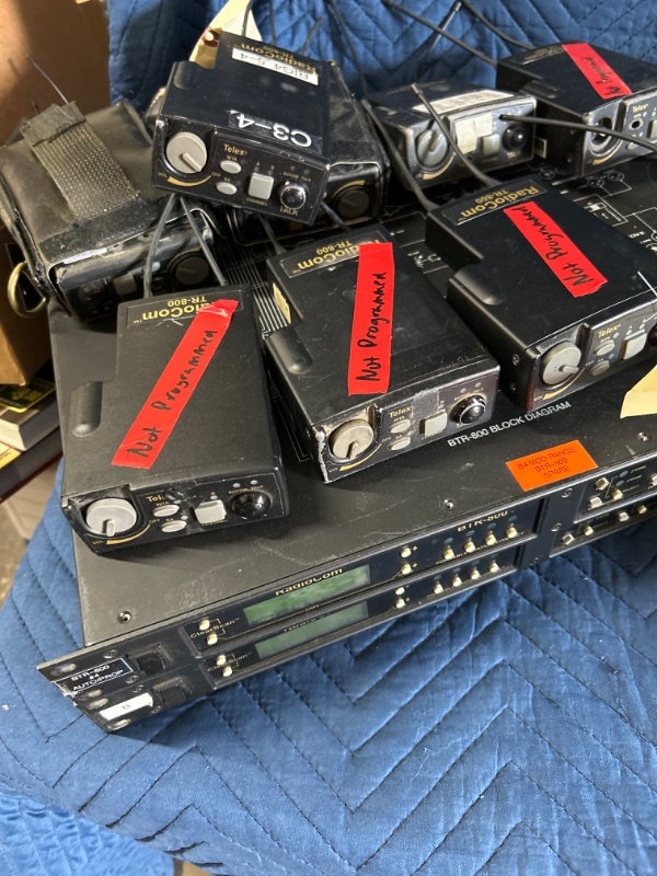 Photo 2 of 2 Telex Radiocom BTR-800 and 8 TR-800 beltpacks and 2 Alexander ATI 2000 chargers All untested This lot is Missing screws and knobs tag says issues