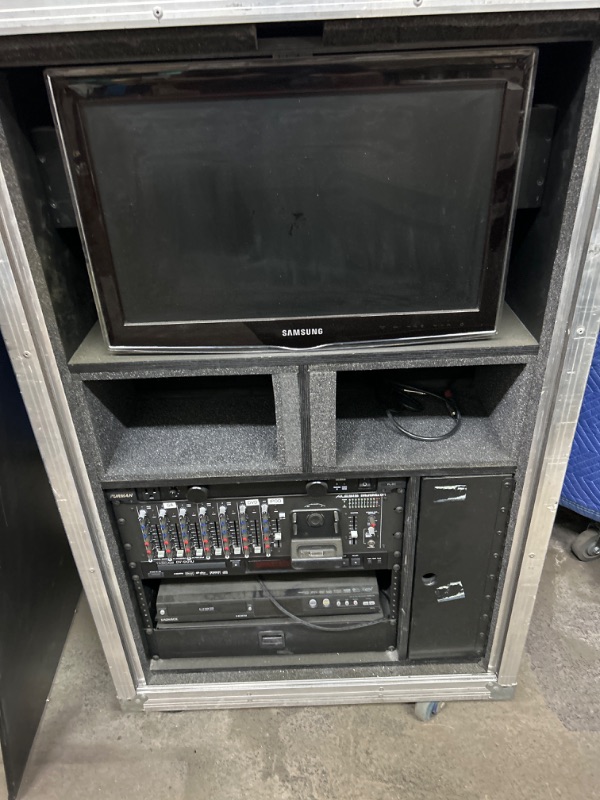 Photo 3 of Rolling road case 30 x 24 x 52 " tall opens both side and has Samsung monitor and Magnavox DVR MDR513H and Tascam DV-D01U dvd player and  Alesis imultimix 9r and Furman PL-80 with remotes and drawer