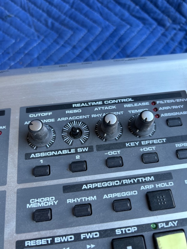 Photo 1 of Roland Fanton X7 76 key workstation keyboard plugged in powers up no further testing missing knob in heavy duty road case with wheels measures 63 x 16 x 11 inches