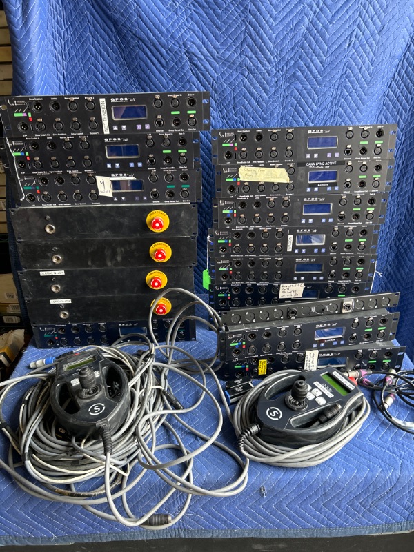 Photo 1 of Qpos Motion systems Automation control rack mount components and 2 Joystick controller untested some parts are marked not working