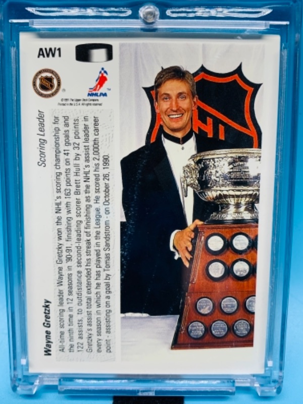 Photo 2 of 277716…upper deck 1991 hologram Wayne Gretzky Art Ross trophy winner card AW1 in hard plastic case 