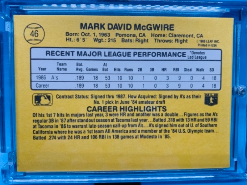 Photo 1 of 277718…donruss Mark McGwire rated rookie card 46 in hard plastic case