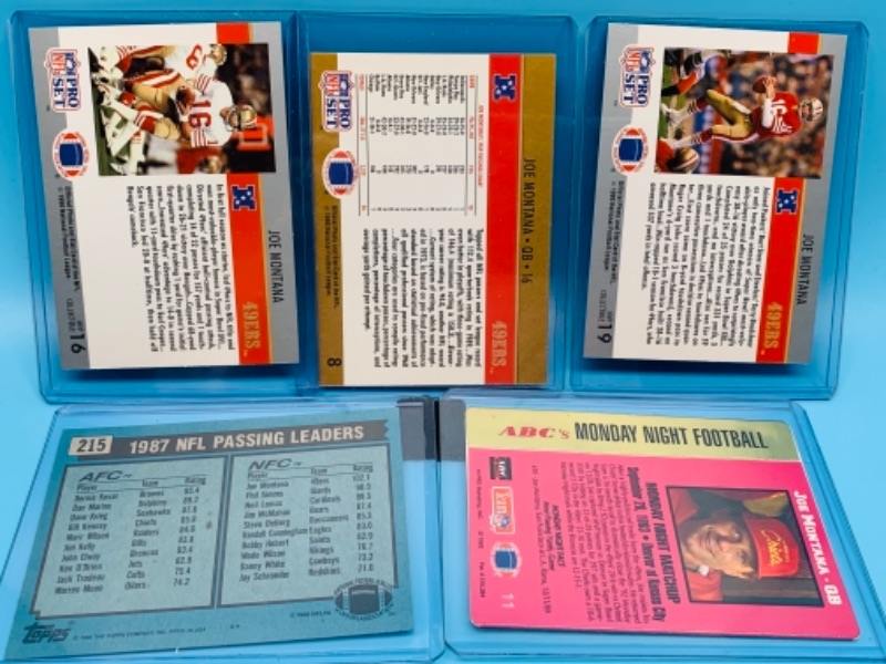 Photo 2 of 277738… five Joe Montana trading cards in hard plastic sleeves