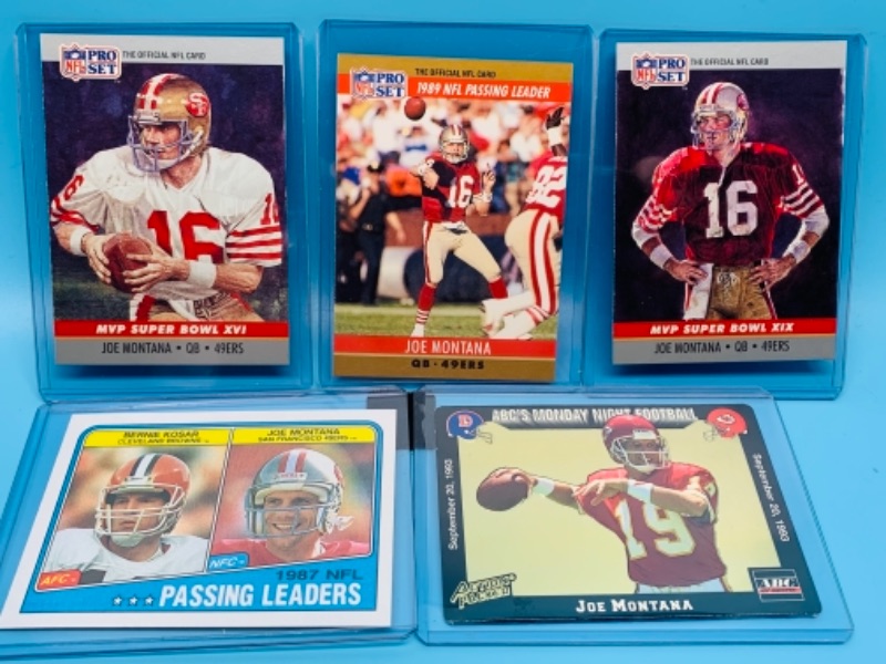 Photo 1 of 277738… five Joe Montana trading cards in hard plastic sleeves