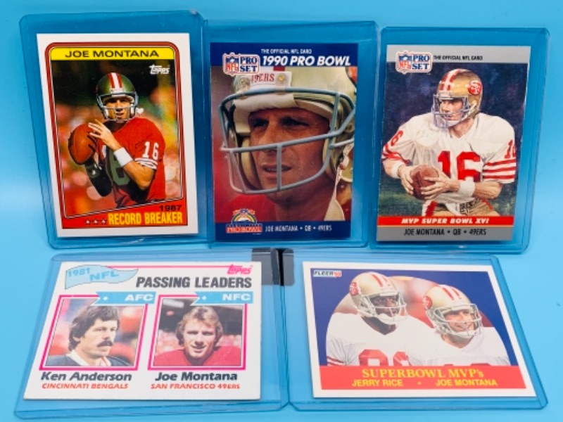 Photo 1 of 277739… five Joe Montana trading cards in hard plastic sleeves