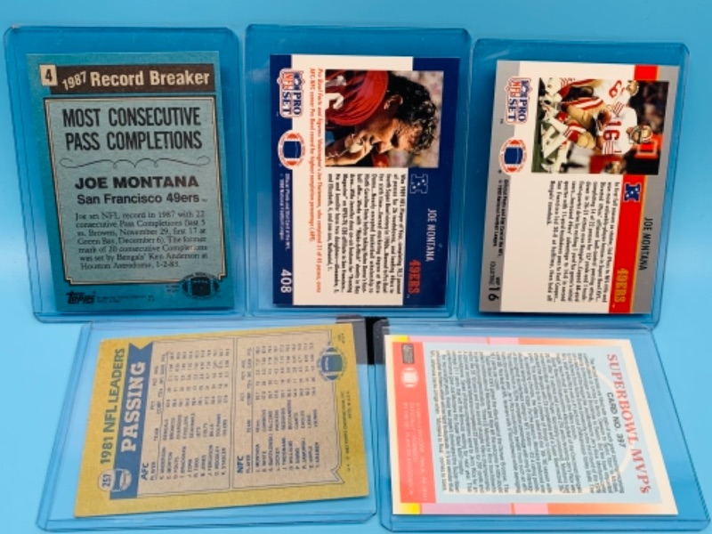 Photo 1 of 277739… five Joe Montana trading cards in hard plastic sleeves