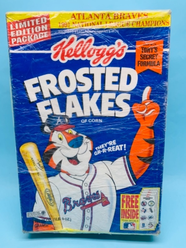 Photo 1 of 277790… vintage limited edition Kellogg’s frosted flakes Atlanta Braves sealed box of cereal- for display only not consumption 