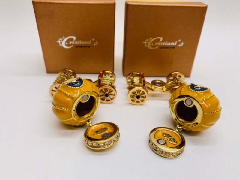 Photo 1 of 277799…two 2 inch jeweled and crystal enamel hinged trinket boxes in satin lined boxes 