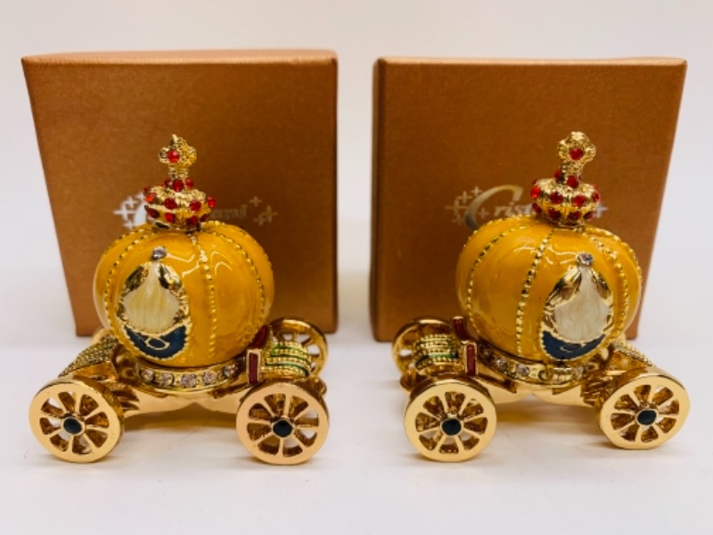 Photo 1 of 277799…two 2 inch jeweled and crystal enamel hinged trinket boxes in satin lined boxes 
