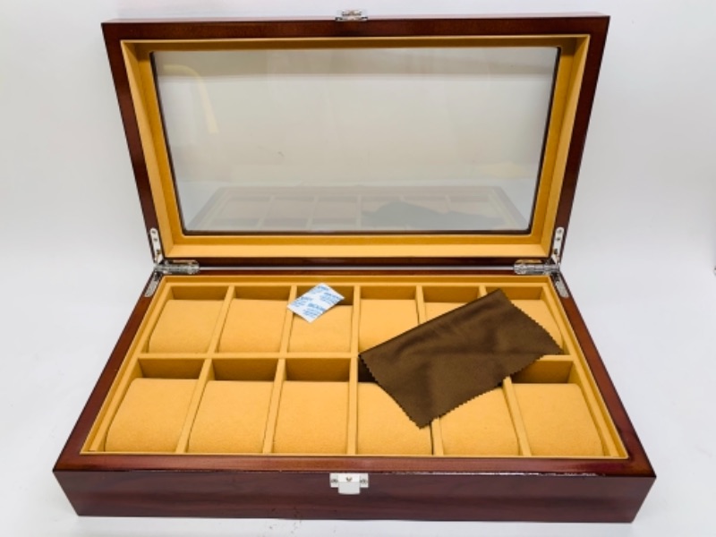 Photo 3 of 277921… exquisite and durable solid wood and glass 12 slot watch/jewelry display box with dust cover and box 