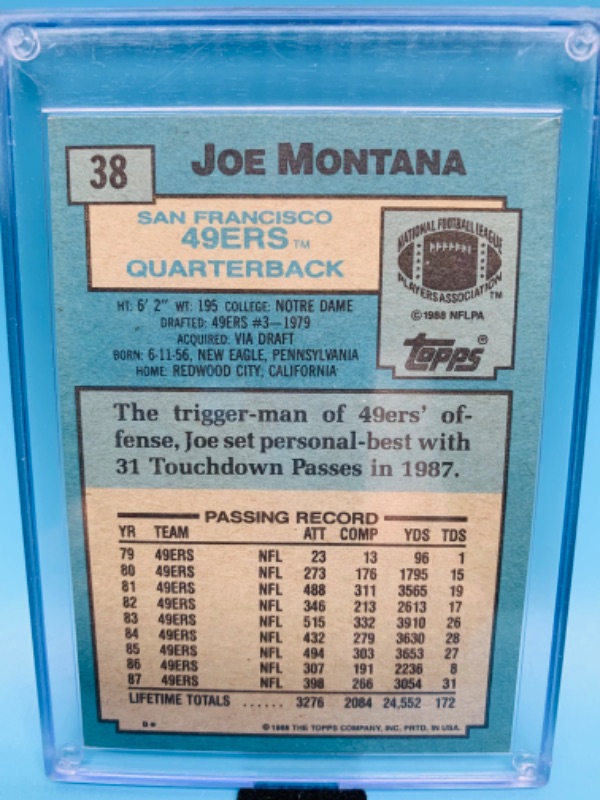 Photo 2 of 277928…topps 1988 Joe Montana card 38 in hard plastic case