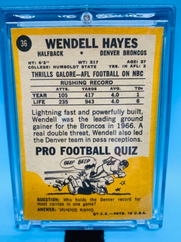 Photo 2 of 277930…1967 pro football quiz card Wendell Hayes card 36 in hard plastic case 