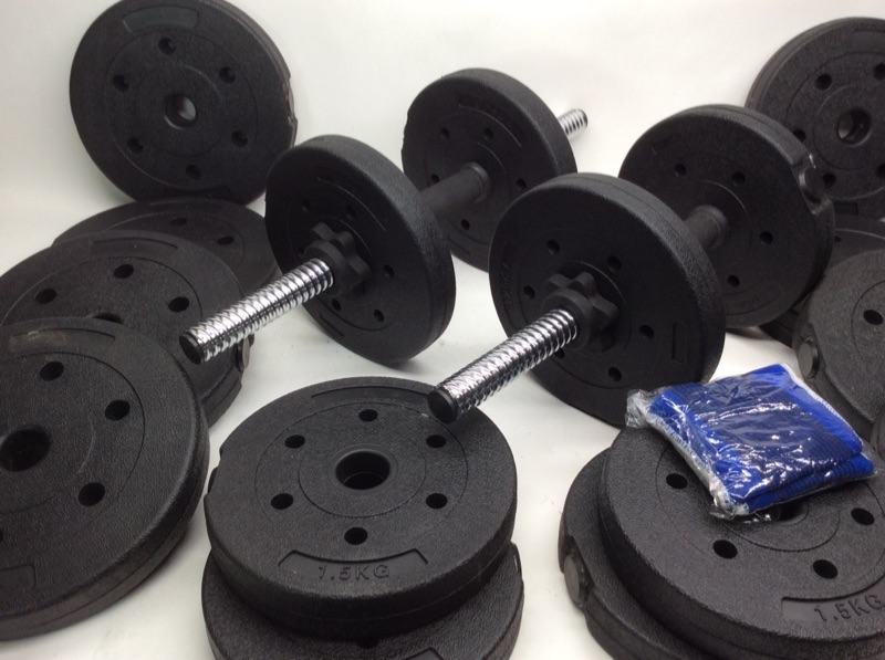 Photo 5 of 277962…heavy duty vinyl dumbbell set - 65 pounds in weights, clips, two bars, wrist wraps 