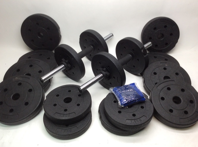 Photo 1 of 277962…heavy duty vinyl dumbbell set - 65 pounds in weights, clips, two bars, wrist wraps 