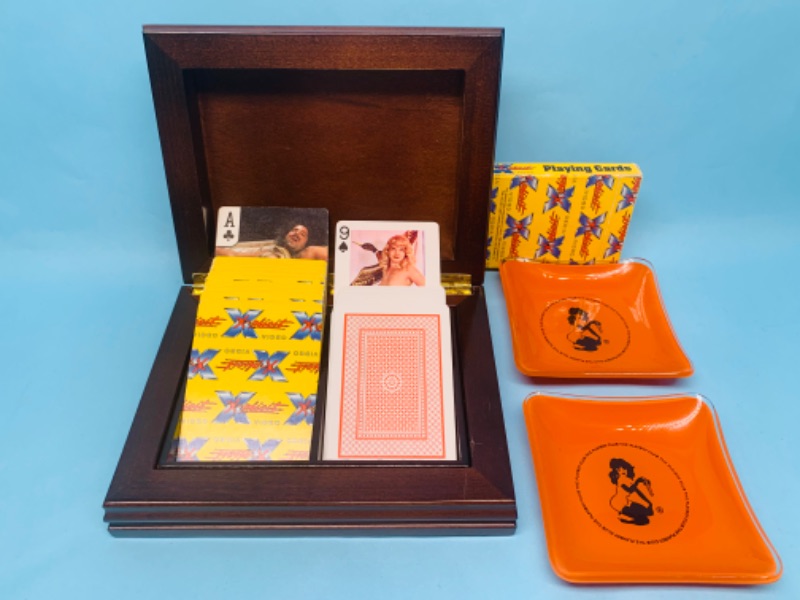 Photo 1 of 278130…adults only- vintage nude and explicit video x rated playing cards in wood case and two playboy ashtrays 