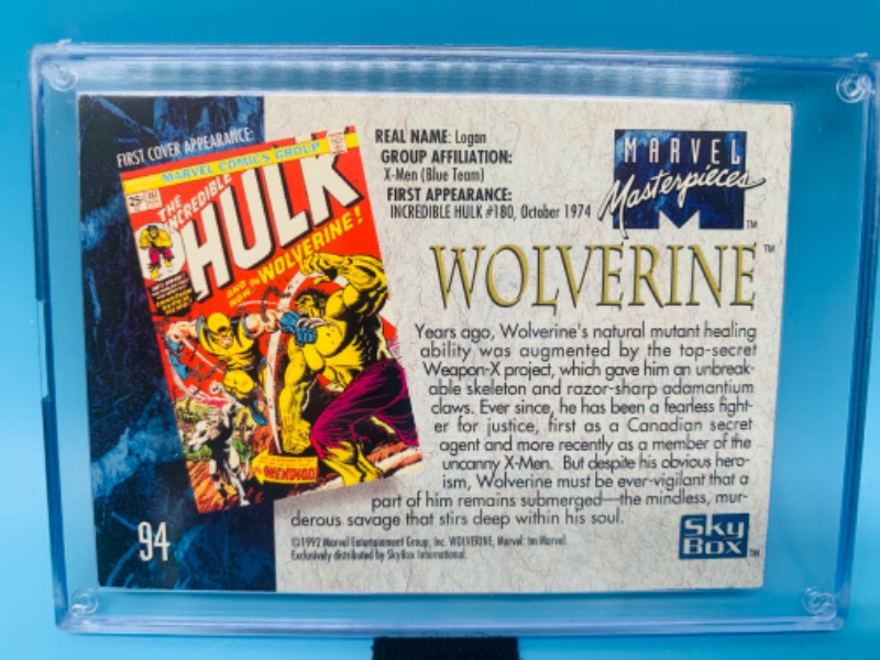 Photo 2 of 278142…1992 Marvel masterpieces wolverine card 94 in hard plastic case