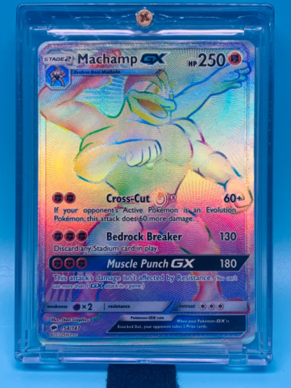 Photo 1 of 278165…rare-Pokémon machamp GX secret rainbow holo card 154/147 in hard plastic case 