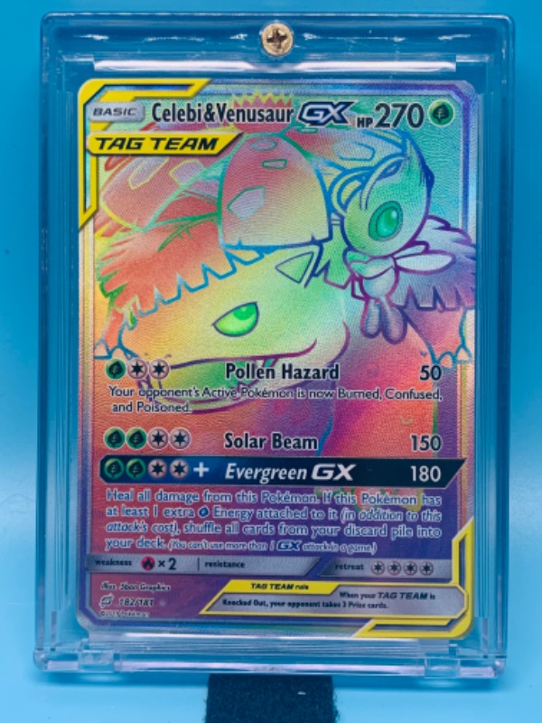Photo 1 of 278166…rare -Pokémon celebi and venusaur GX secret rainbow holo card 182/181 in hard plastic case 