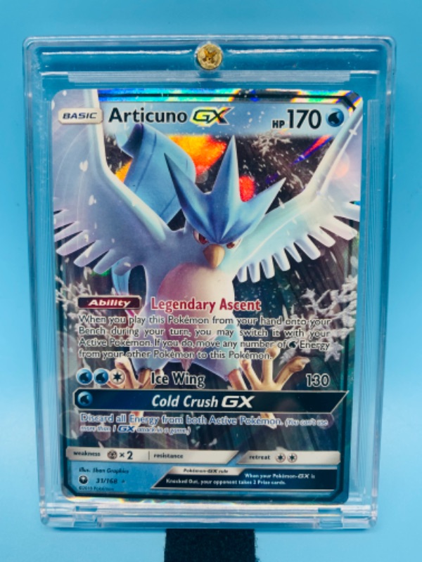 Photo 1 of 278175…Pokémon articuno GX holo card 31/168 in hard plastic case 