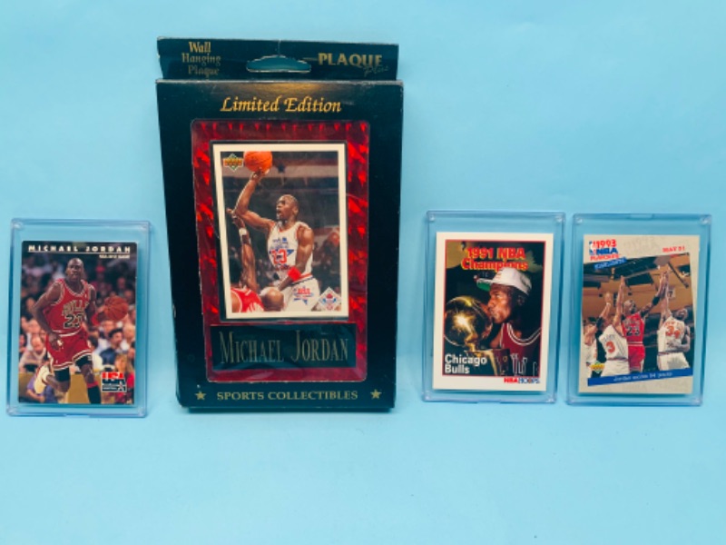 Photo 1 of 278191…Michael Jordan plaque and 3 trading cards in plastic cases 