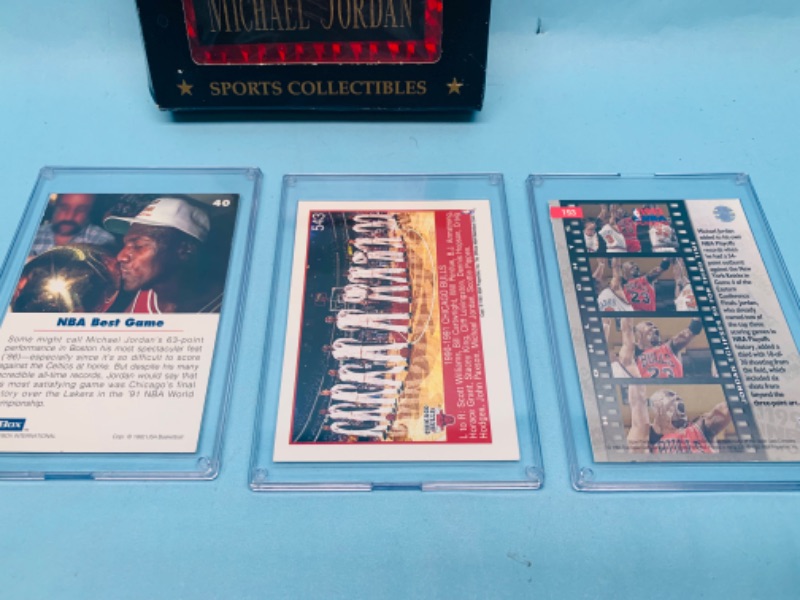 Photo 2 of 278191…Michael Jordan plaque and 3 trading cards in plastic cases 