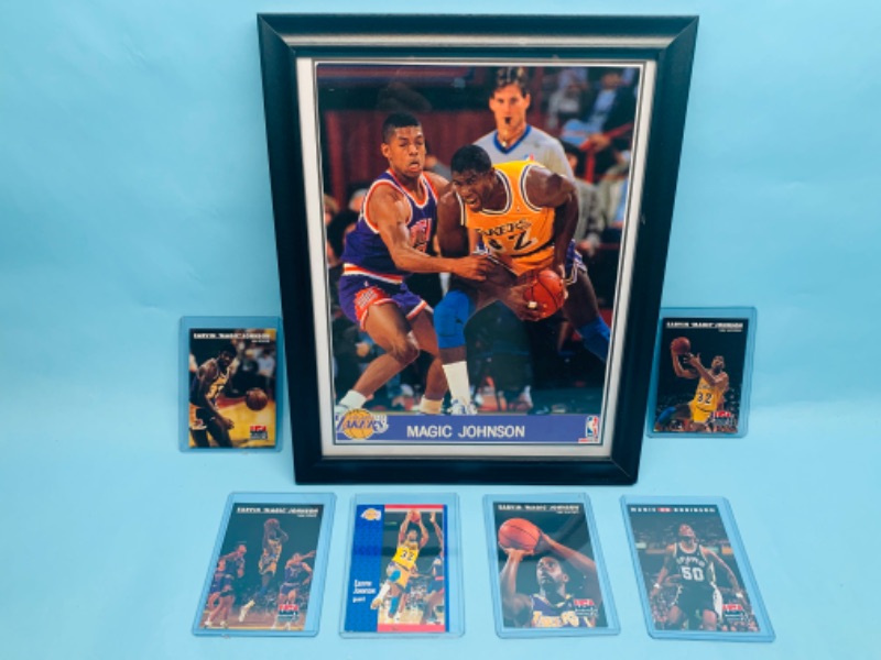 Photo 1 of 278199…framed magic Johnson picture and 6 trading cards in hard plastic sleeves 