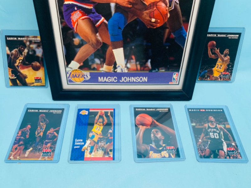 Photo 2 of 278199…framed magic Johnson picture and 6 trading cards in hard plastic sleeves 