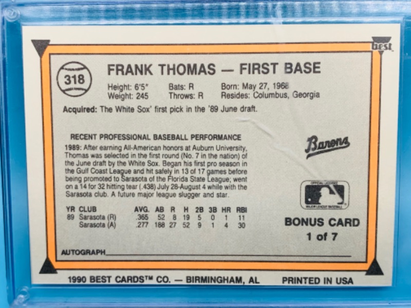 Photo 2 of 278328…frank Thomas rookie #1 pick card 318 in hard plastic case 