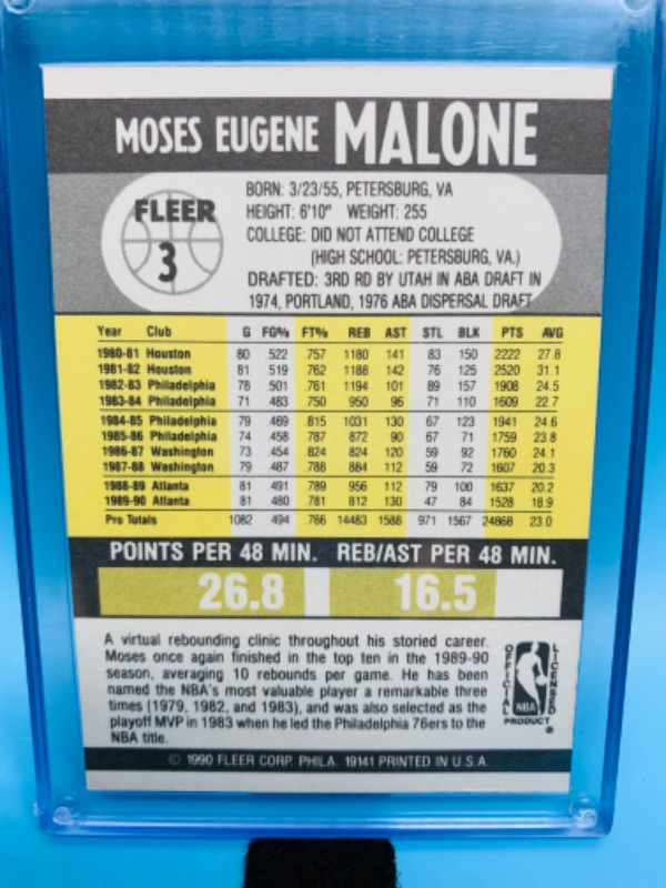 Photo 2 of 278331…fleer 1990 Moses Malone card 3 in hard plastic case 