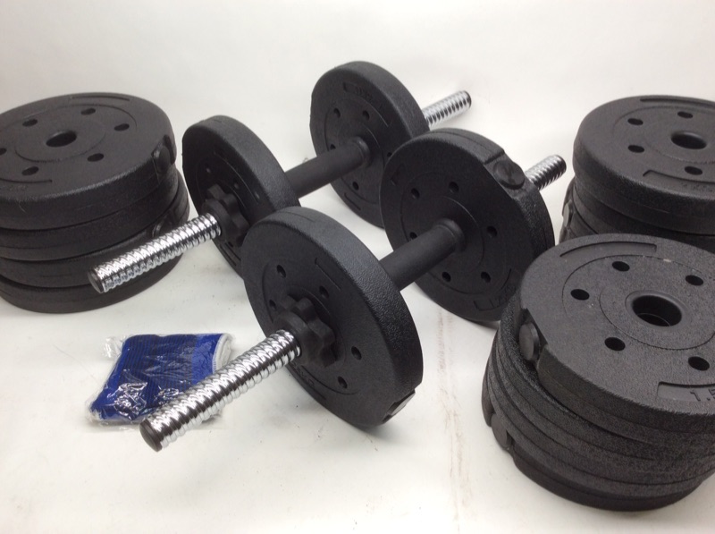 Photo 3 of 278369… heavy duty vinyl dumbbell set includes 2 bars, four collars , and 16 weights totaling 65 pounds in box 