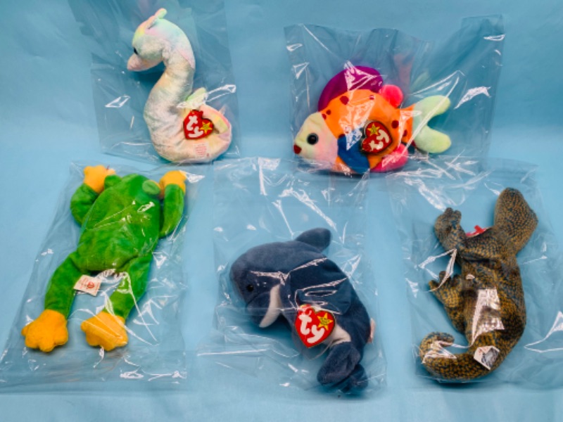 Photo 1 of 278409…5 ty beanie babies- fish and reptiles in plastic bags 