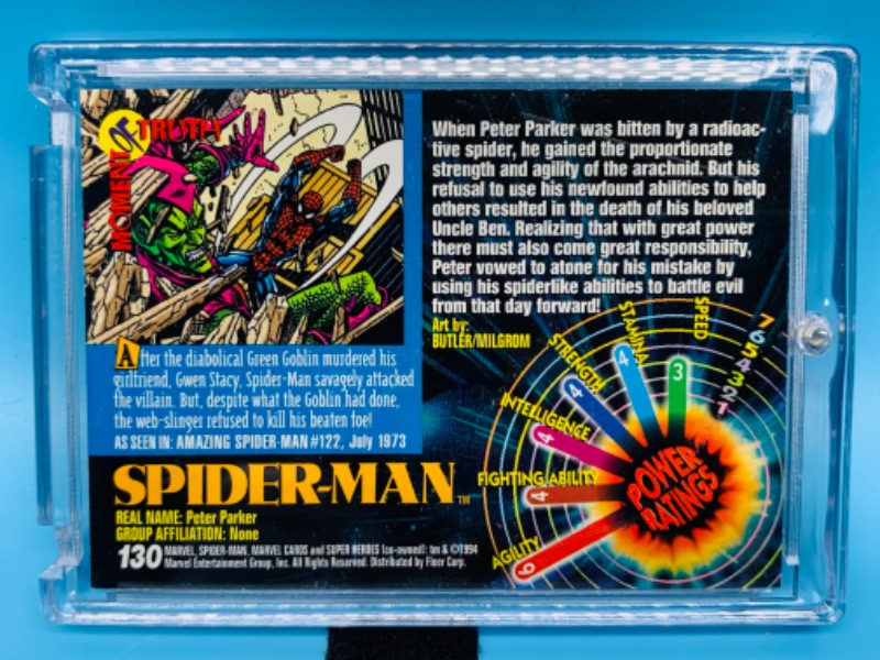 Photo 2 of 278517…1994 Marvel universe Spider-Man card 130 in hard plastic case