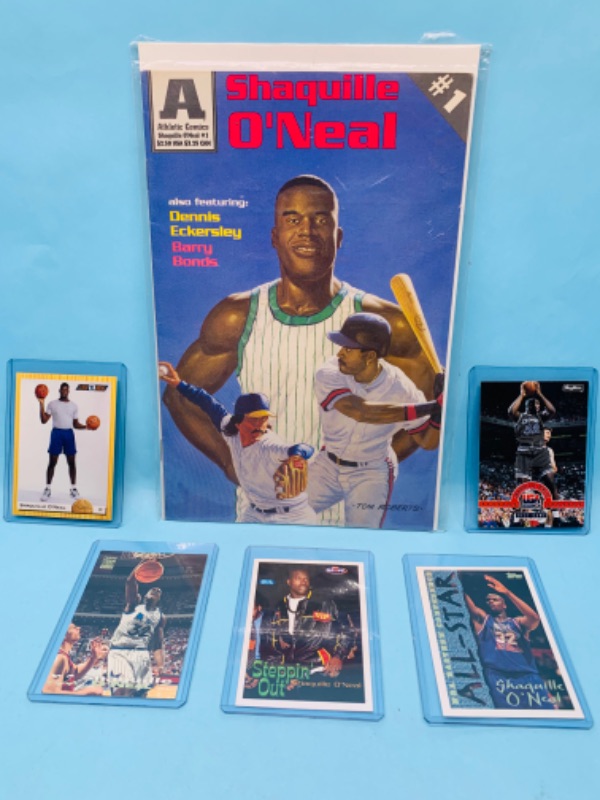 Photo 1 of 278632… Shaquille Oneal #1 comic and 5 trading cards in plastic sleeves 