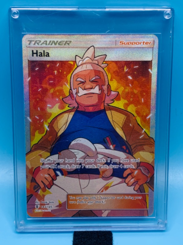 Photo 1 of 278638…Pokémon trainer Hala foil card 143/145 in hard plastic case 