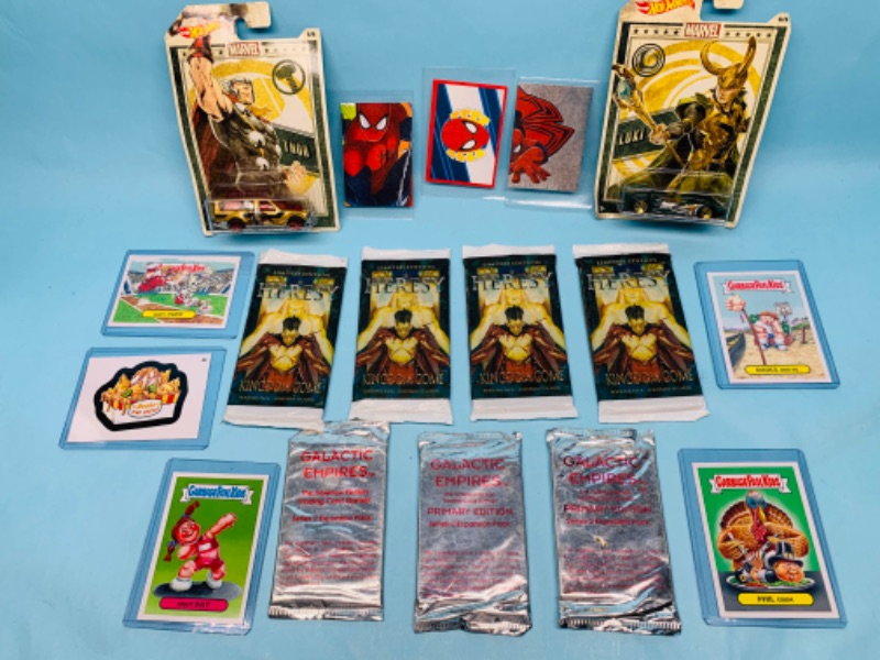 Photo 1 of 278644…hot wheels marvel cars, sealed galactic empires cards, heresy cards, and garbage pail kids cards in plastic sleeves 