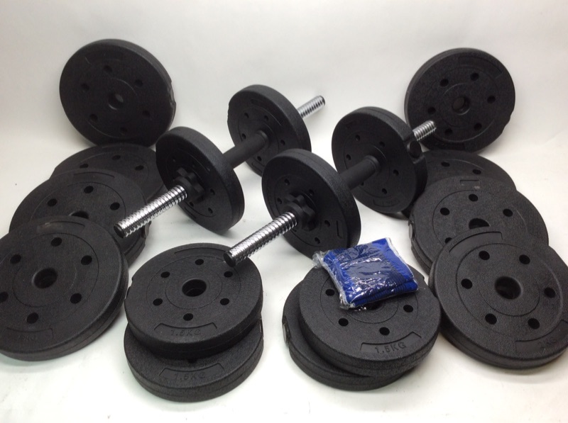 Photo 1 of 278671… heavy duty vinyl dumbbell set includes 2 bars, 4 collars, wrist wraps, 16 weights totaling 65 pounds in box