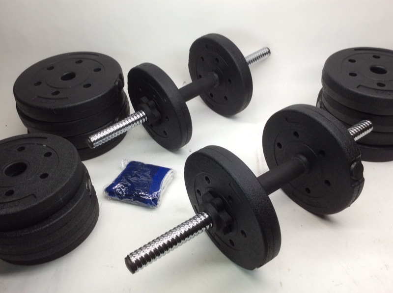 Photo 3 of 278671… heavy duty vinyl dumbbell set includes 2 bars, 4 collars, wrist wraps, 16 weights totaling 65 pounds in box