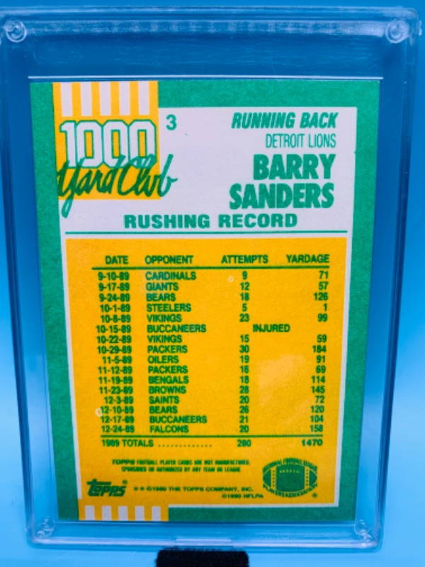 Photo 2 of 278715…topps Barry Sanders 1000 yard club card in hard plastic case 
