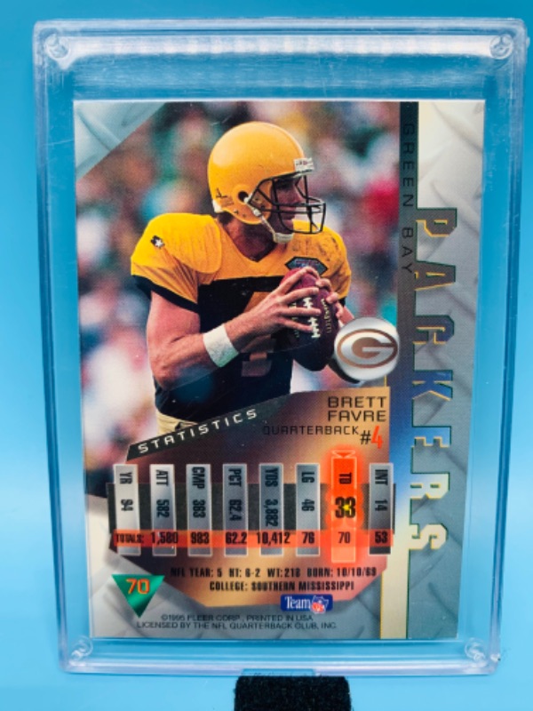 Photo 2 of 278719…fleer metal Brett Favre card 70 in hard plastic case 
