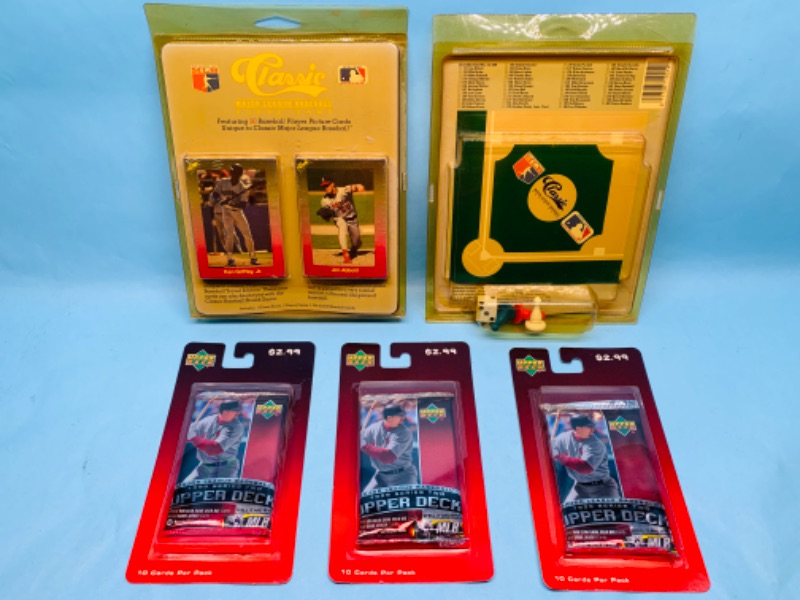 Photo 1 of 278853…3 upper deck sealed trading card packs and 2 vintage baseball board games in packages 