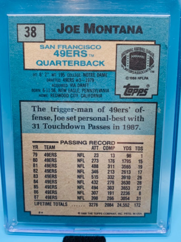 Photo 2 of 279083…topps joe Montana card 38 in hard plastic case 1988