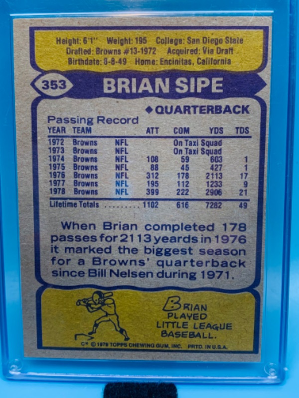 Photo 2 of 279085…topps Brian Sipe card 353 in hard plastic case 