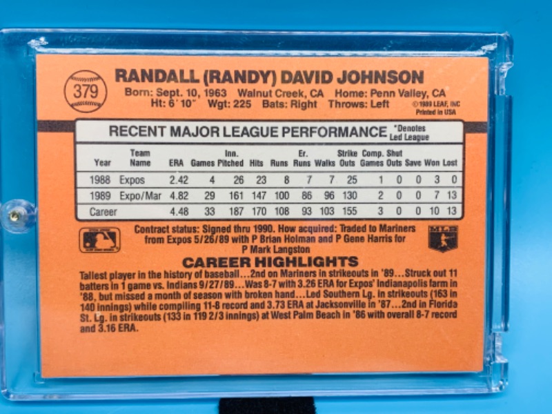 Photo 2 of 279087…donruss error randy Johnson card 379 in hard plastic case - missing dot .