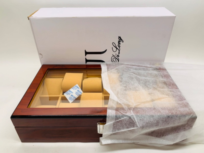 Photo 2 of 279117….exquisite wood and glass watch/jewelry display box with dust cover and box 