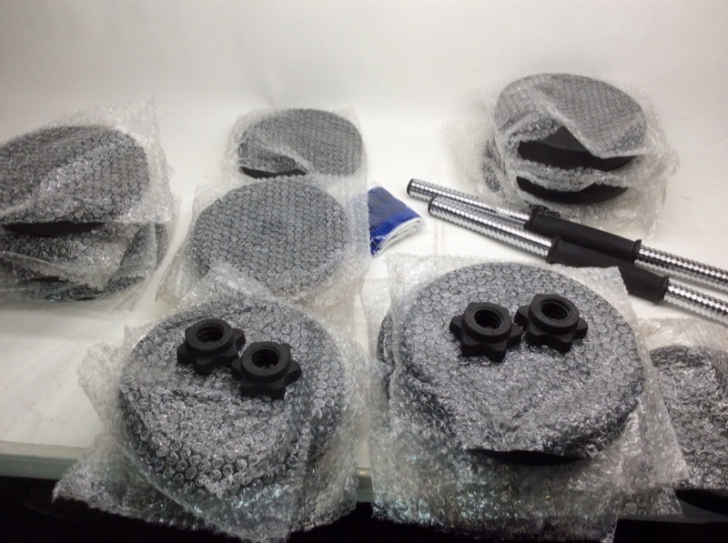 Photo 1 of 279150… heavy duty vinyl dumbbell set includes bars, collars, wrist wraps, and 65 pounds of weights 
