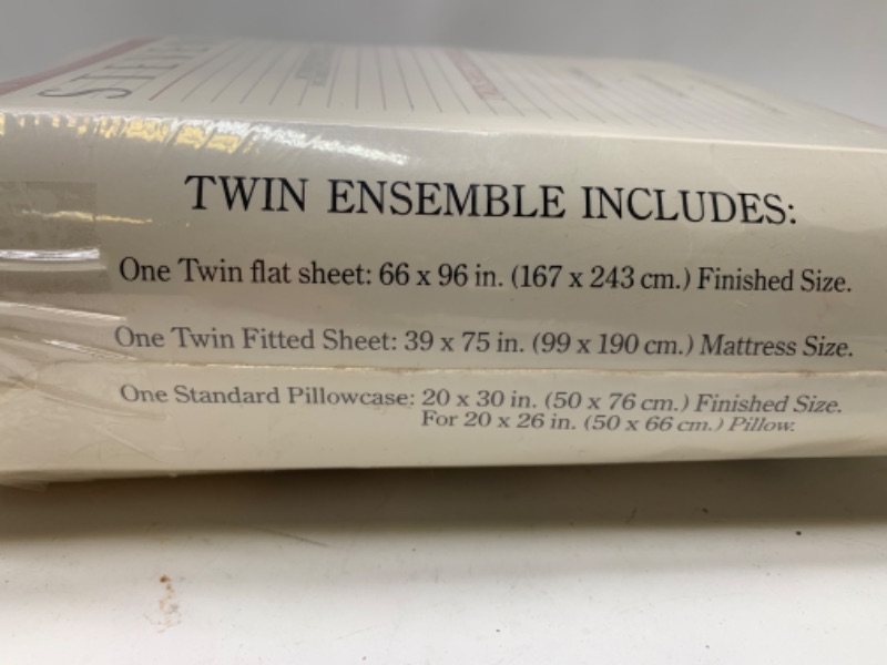 Photo 2 of 279280… vintage Stevens twin sheet ensemble includes 1 flat, 1 fitted, and 1 standard pillowcase  in original package 