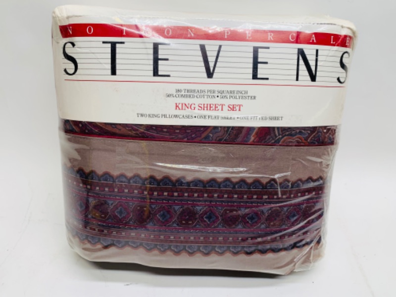 Photo 1 of 279283…vintage Stevens king sheet set in original package includes 2 king pillowcases, 1 flat, and 1 fitted sheet 